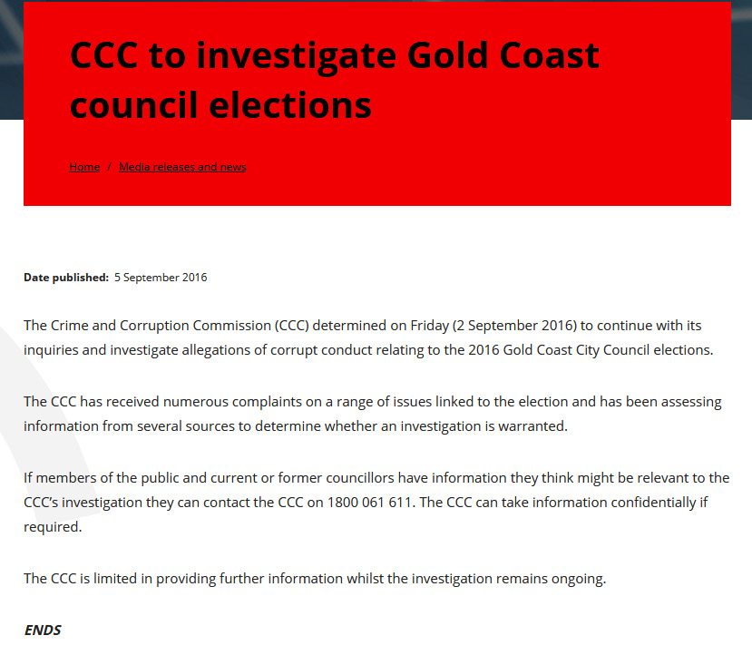 CCC Investigates Gold Coast Council Elections